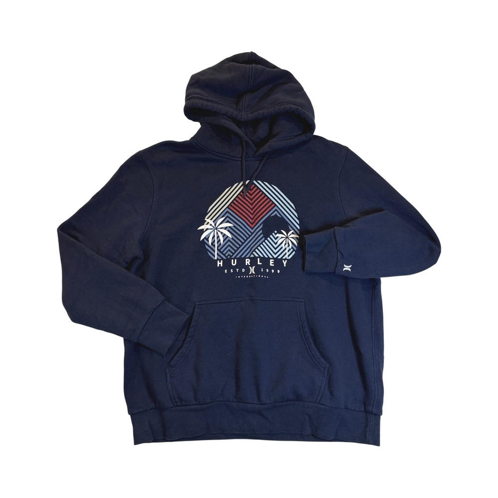 Hurley Hoodie Men XL Navy Blue Graphic Palm Tree Pullover HMF22-05286